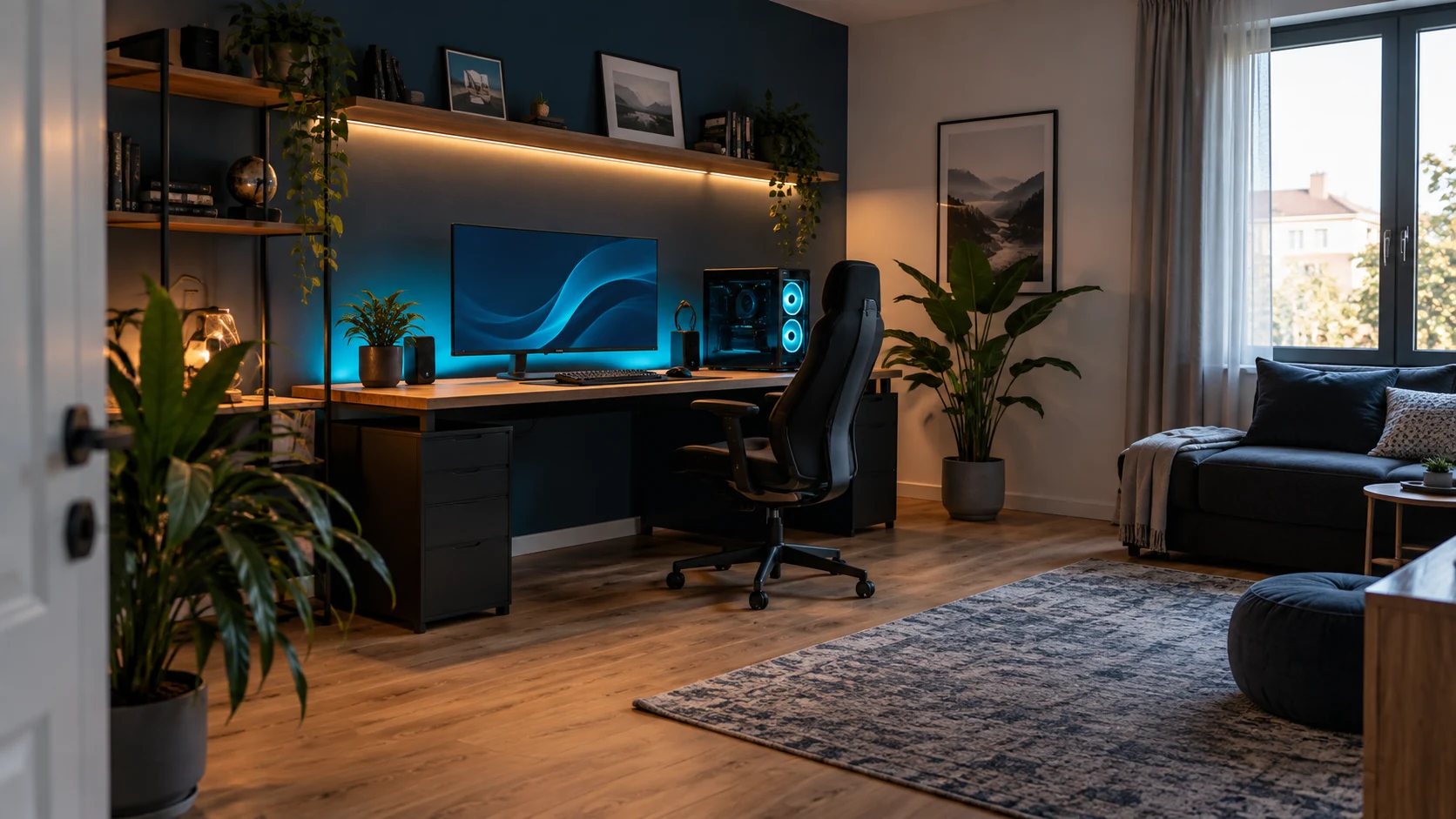 Inspiration für einen Gamingraum mit abgestimmtem Schreibtisch, Monitoren und Beleuchtung