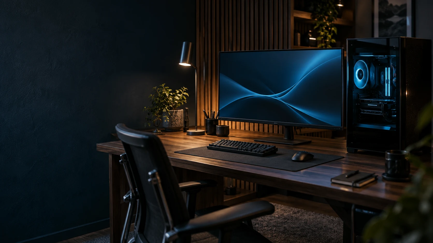 Individuelles PC-Setup mit dezent beleuchtetem Gaming-PC und aufgeräumtem Schreibtisch