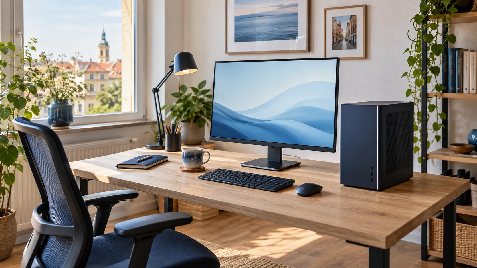 Heller aufgeräumter Arbeitsplatz mit Monitor und passender Technik